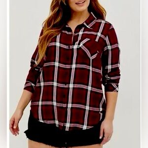 Torrid Lizzie Burgundy Plaid Button-Down Long Sleeve Shirt 2X